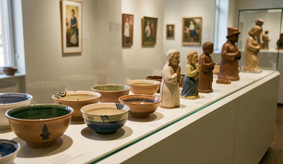Vitrine de galerie présentant bols en grès émaillé et figures en terre cuite sous lumière chaude
