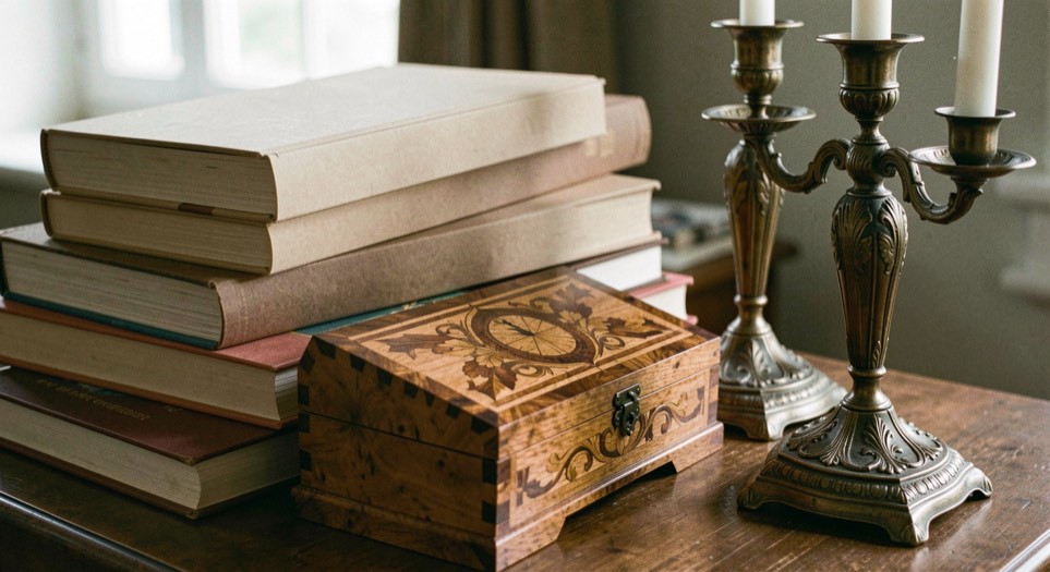 Pile de livres cartonnés et coffret en marqueterie posés près d'une paire de candélabres en bronze ciselé