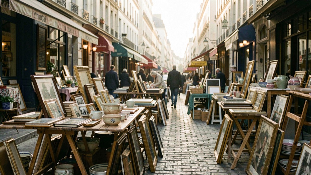 Allée de brocante parisienne au petit matin, tréteaux chargés de cadres et de grès sous une lumière basse