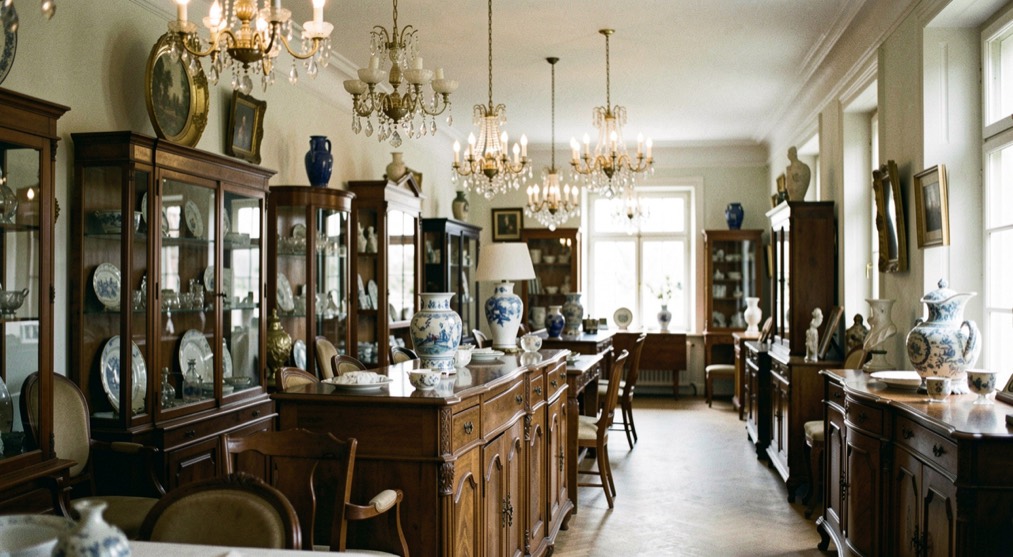 Passage couvert d'un salon d'antiquaires, lustres suspendus éclairant vitrines et consoles alignées