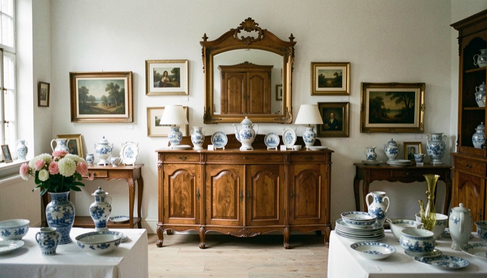 Grande pièce de présentation mêlant meuble ancien, cadres et porcelaines disposées avec air
