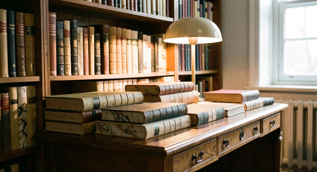 Table de libraire couverte de reliures aux dos nacrés et tranches marbrées éclairées par une lampe basse