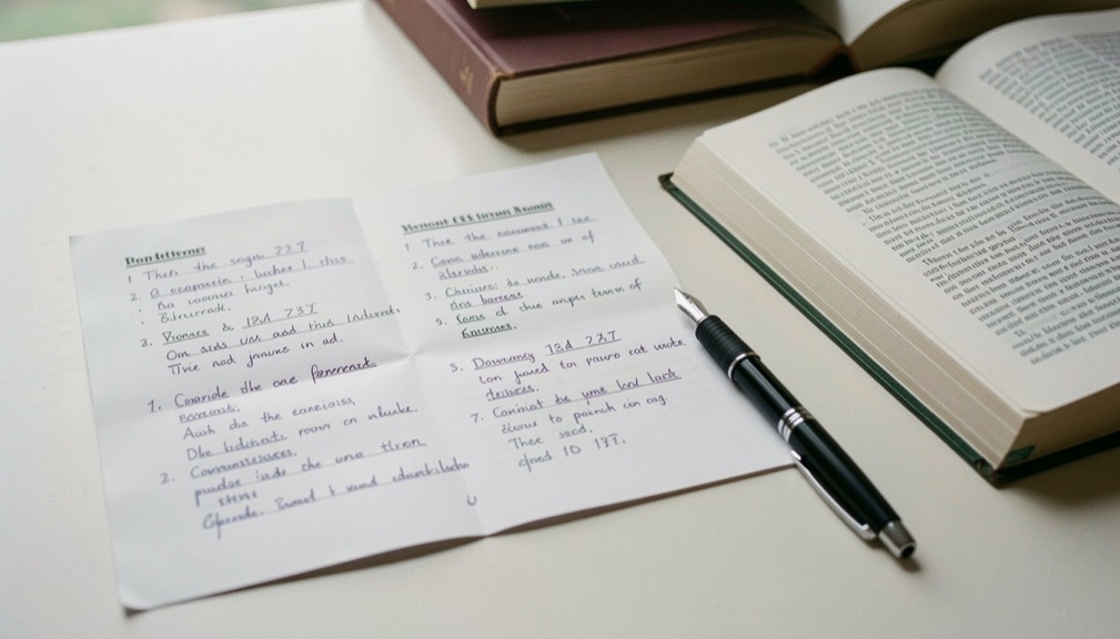 Feuille recto verso annotée posée à côté d'un stylo capuchonné et d'un livre ouvert
