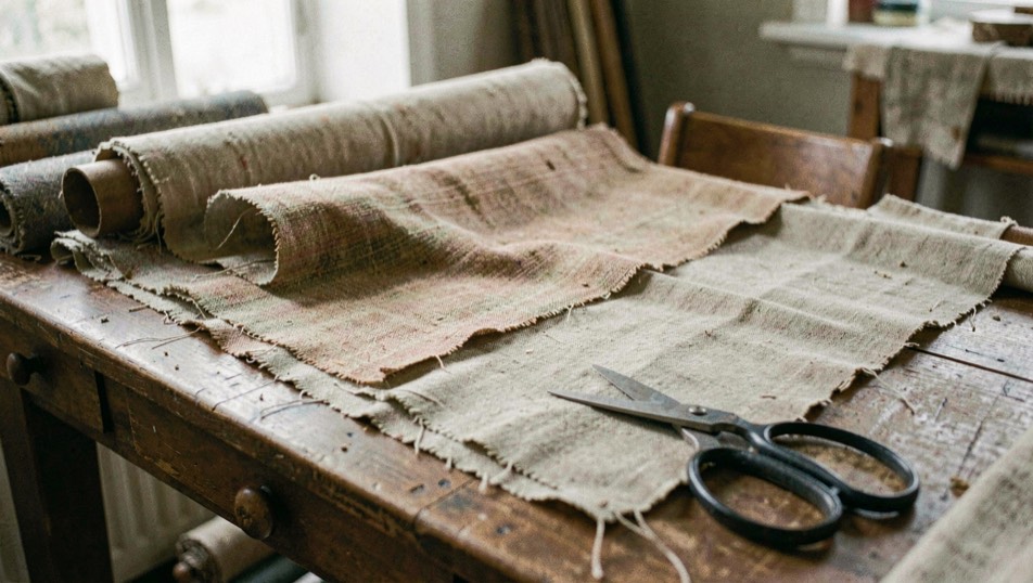 Tissus anciens étalés sur une table de tapissier près de ciseaux de gainier