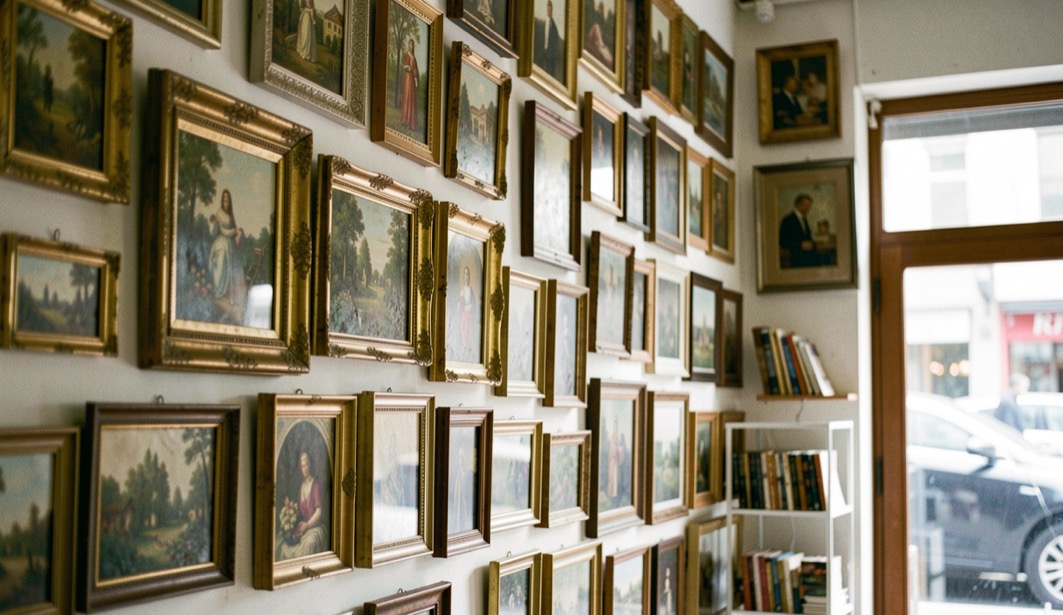 Mur d'une boutique où sont accrochées en densité des petites toiles anciennes aux cadres patinés