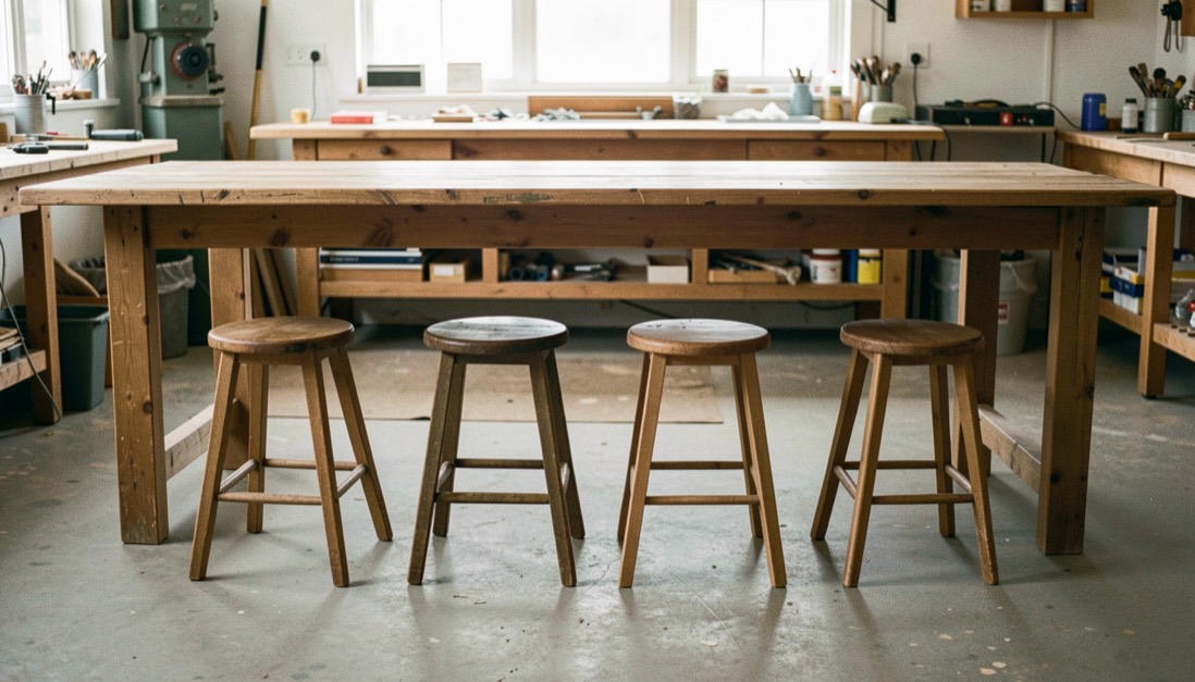 Sur une table de cuisine en bois clair, près d'une fenêtre de matin, trois faire-part de naissance posés côte à côte, l'un encore dans son enveloppe.